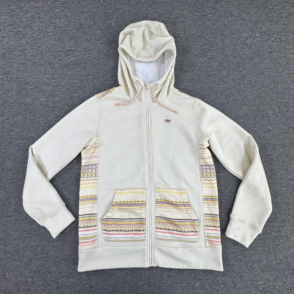 Burton‎ Hoodie Womens Medium Cream Oak Full Zip Fleece Striped Panels Pockets